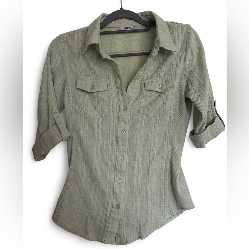 Ci Sono Green Mid Sleeve Button-Down Shirt